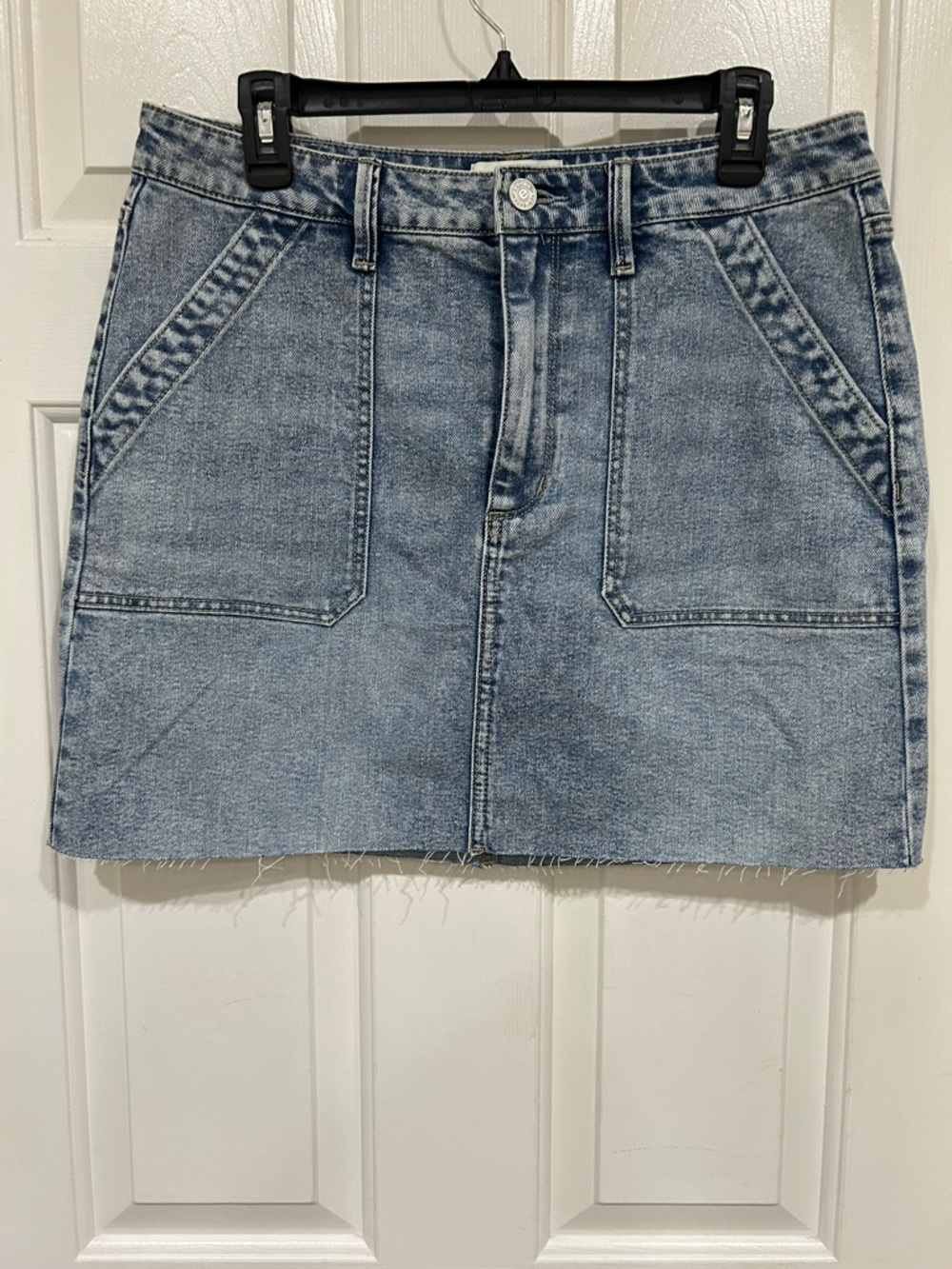 Light Blue Denim Mini Skirt with Front Patch Pockets